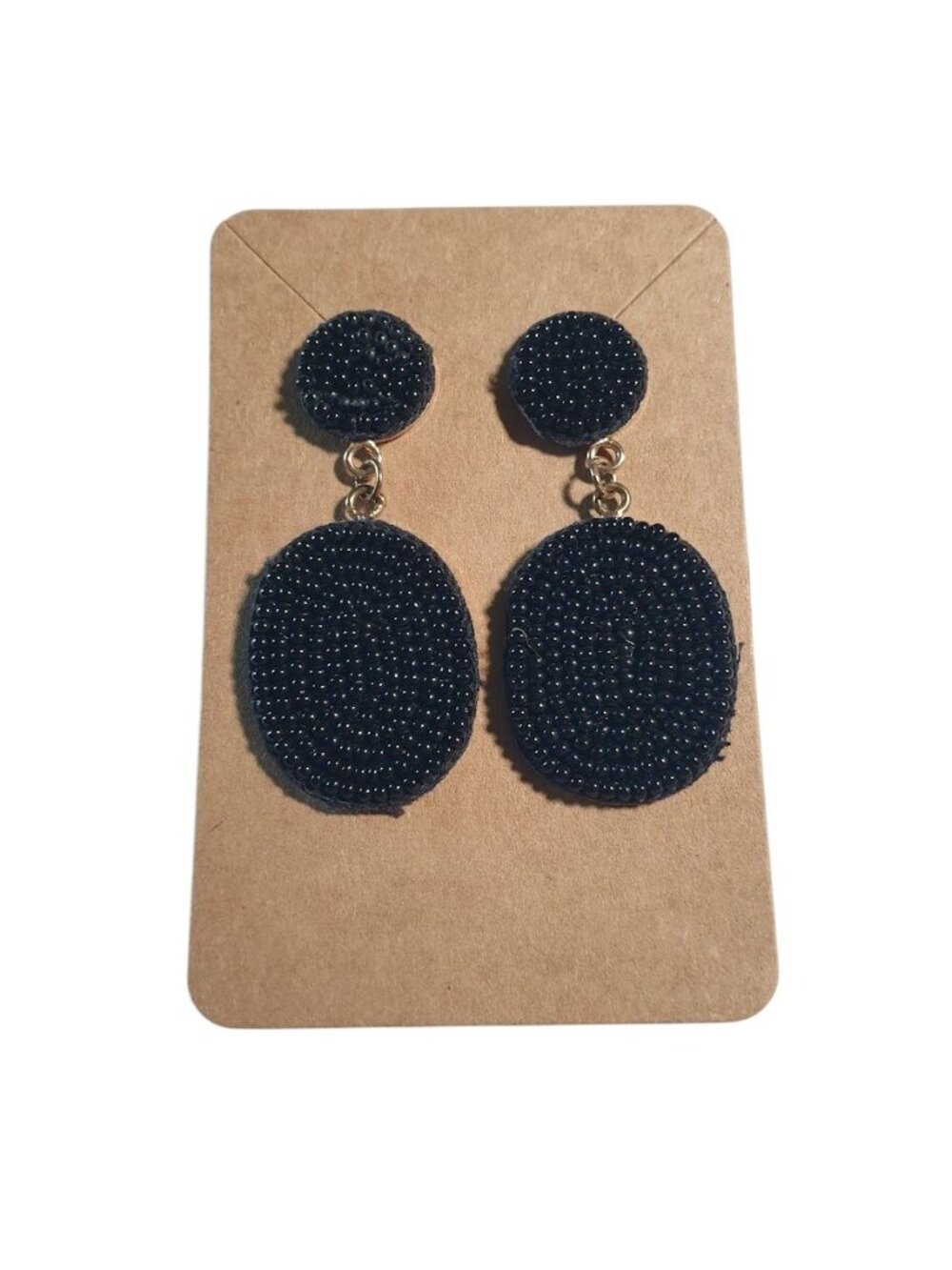 Beaded Drop Dangle Earrings Black Round Oval Statement Jewelry Gold Hardware